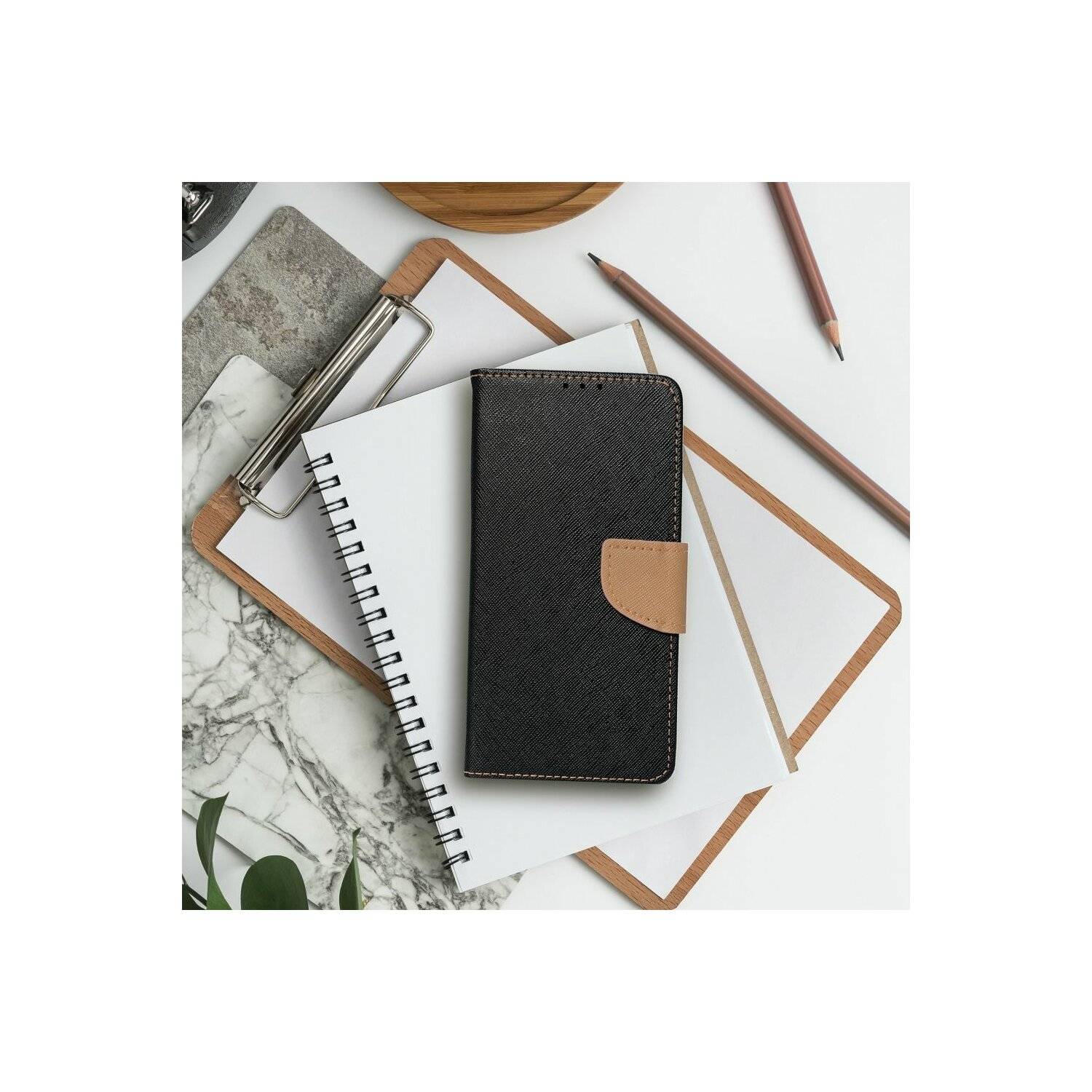 Buch Tasche "Fancy" kompatibel mit SAMSUNG GALAXY S24 PLUS Etui mit Standfunktion, Kartenfach Schwarz-Gold