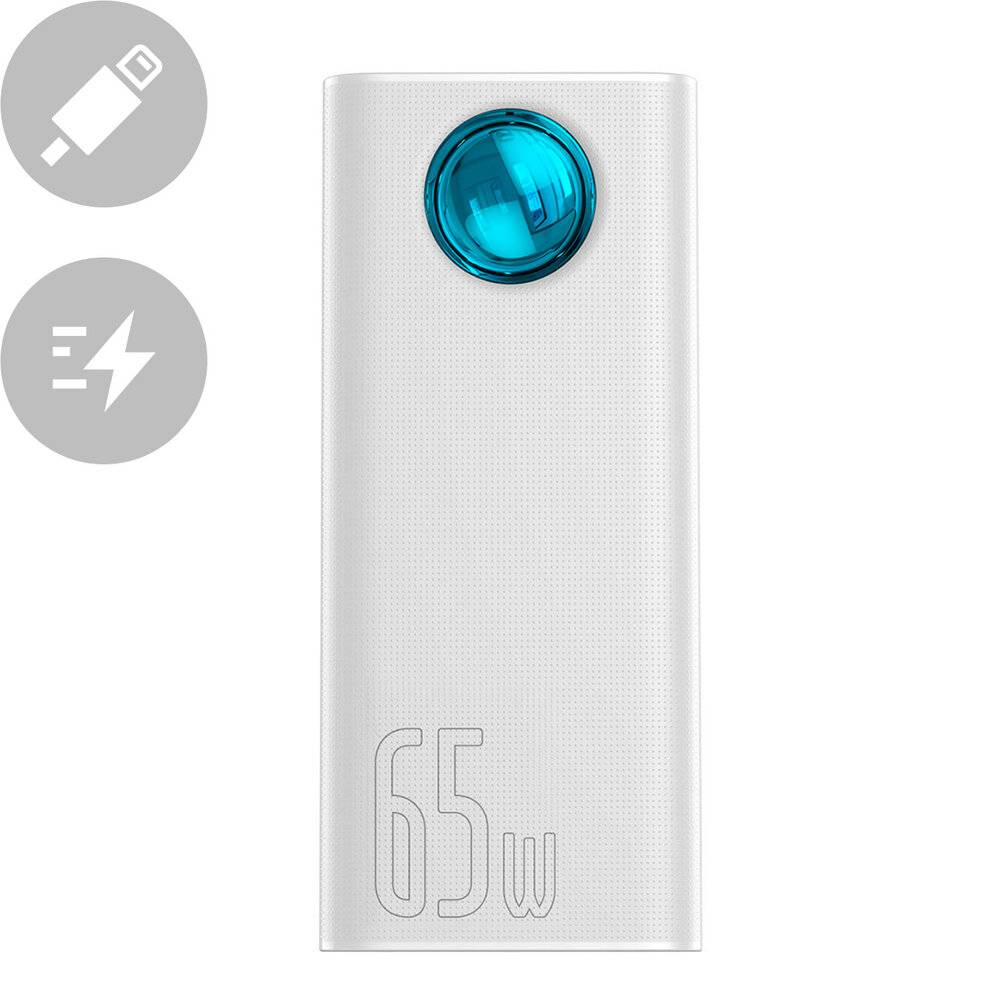 Eine weiße Powerbank mit blauem Netzschalter, gekennzeichnet mit „65W