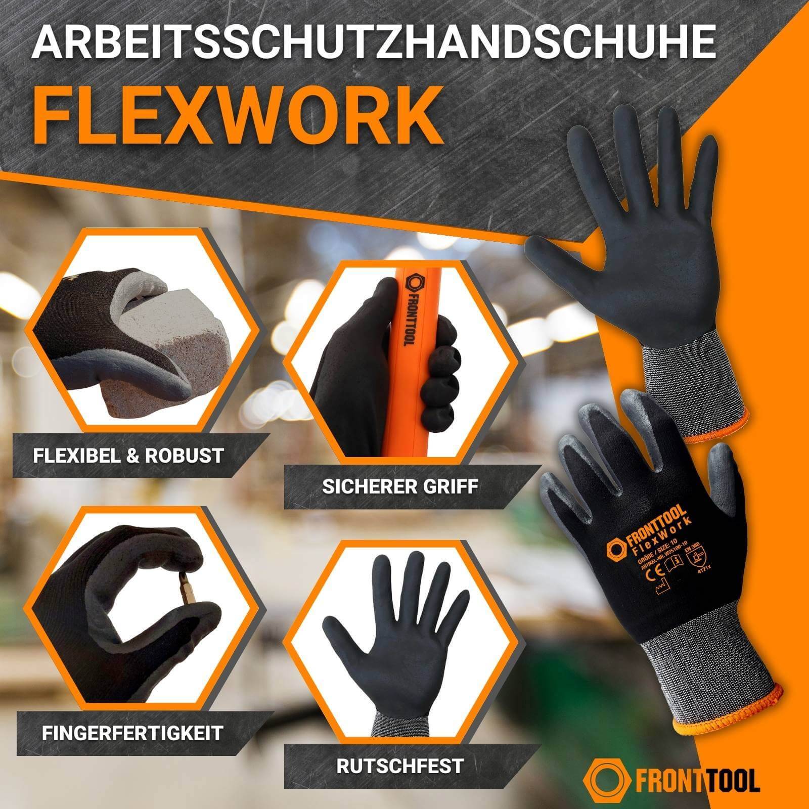 FRONTTOOL Arbeitshandschuhe FlexWork 12 Paar - Größe:8