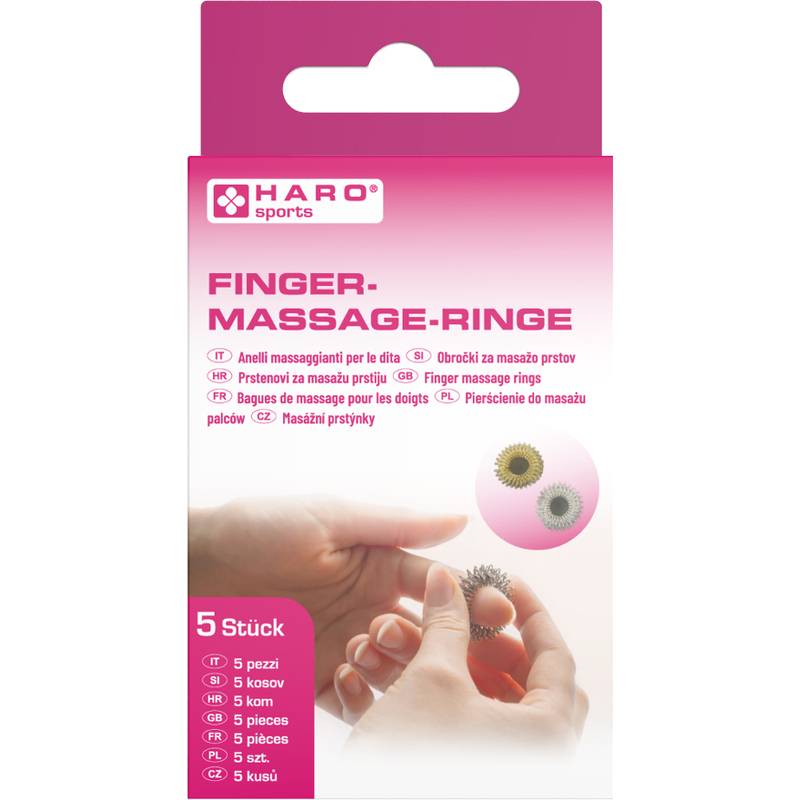 HARO Sports Finger-Massageringe Verpackung zeigt eine Hand mit einem stacheligen Ring; Text sagt „FINGER-MASSAGE-RINGE
