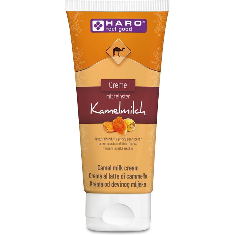 HARO 'feel good' Kamelmilch-Creme-Tube, mit der Aufschrift 'Creme mit feinster Kamelmilch' und 'Kamelmilch-Creme', mit Kaktusfrucht-Duft.