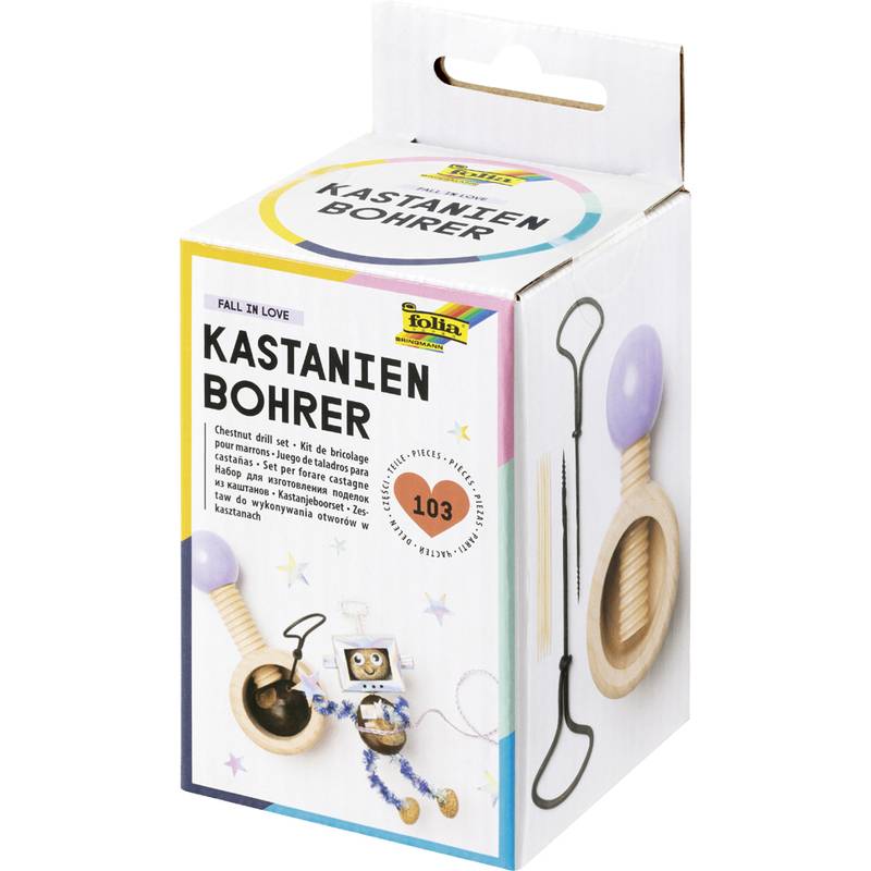 Die Verpackung des 'Kastanienbohrers' zeigt Werkzeuge zum Basteln mit Kastanien, darunter einen kleinen lila Bohrer und Zubehör für kreative Projekte.