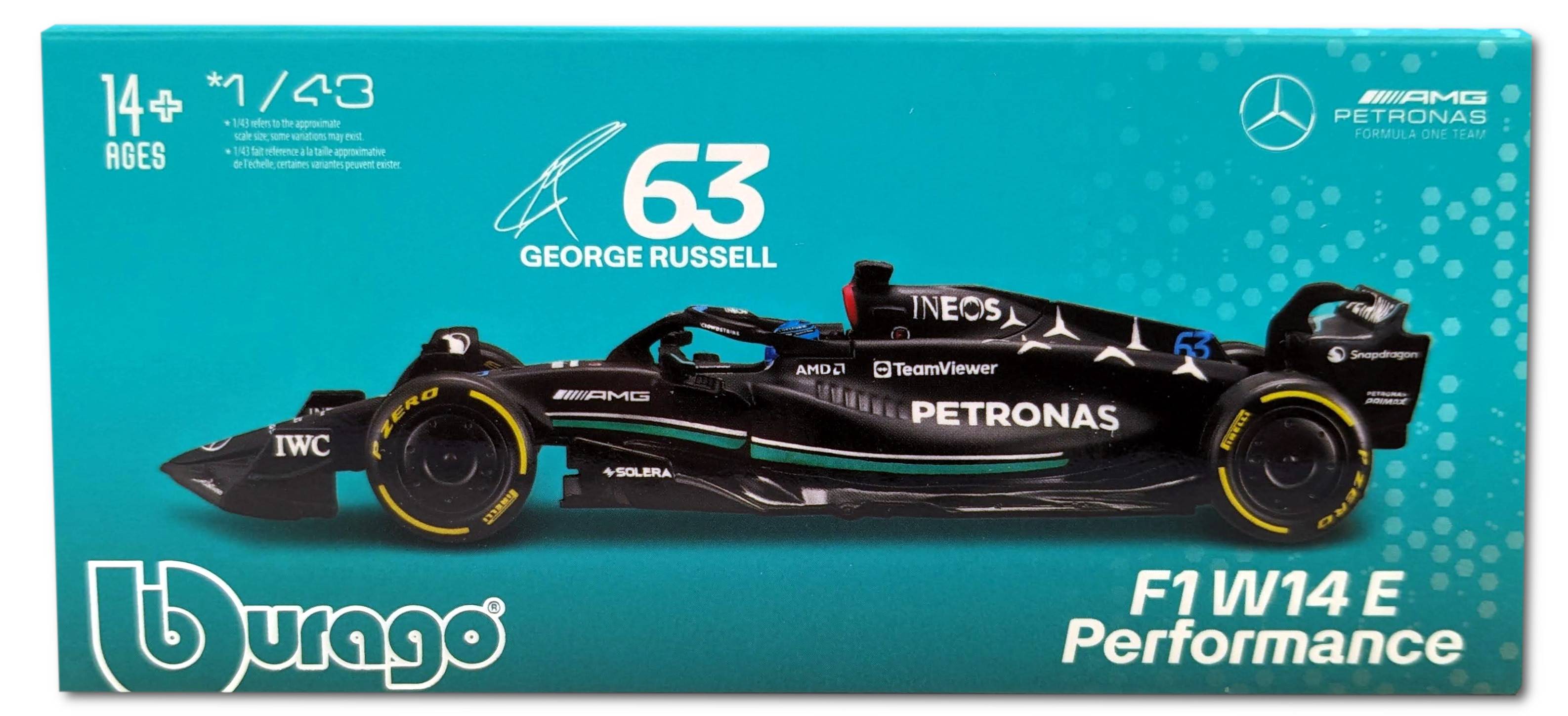 Bburago 18-38081R - Modellauto - F1 Mercedes AMG W14 '23 #63 Russel (mit Helm, Maßstab 1:43)