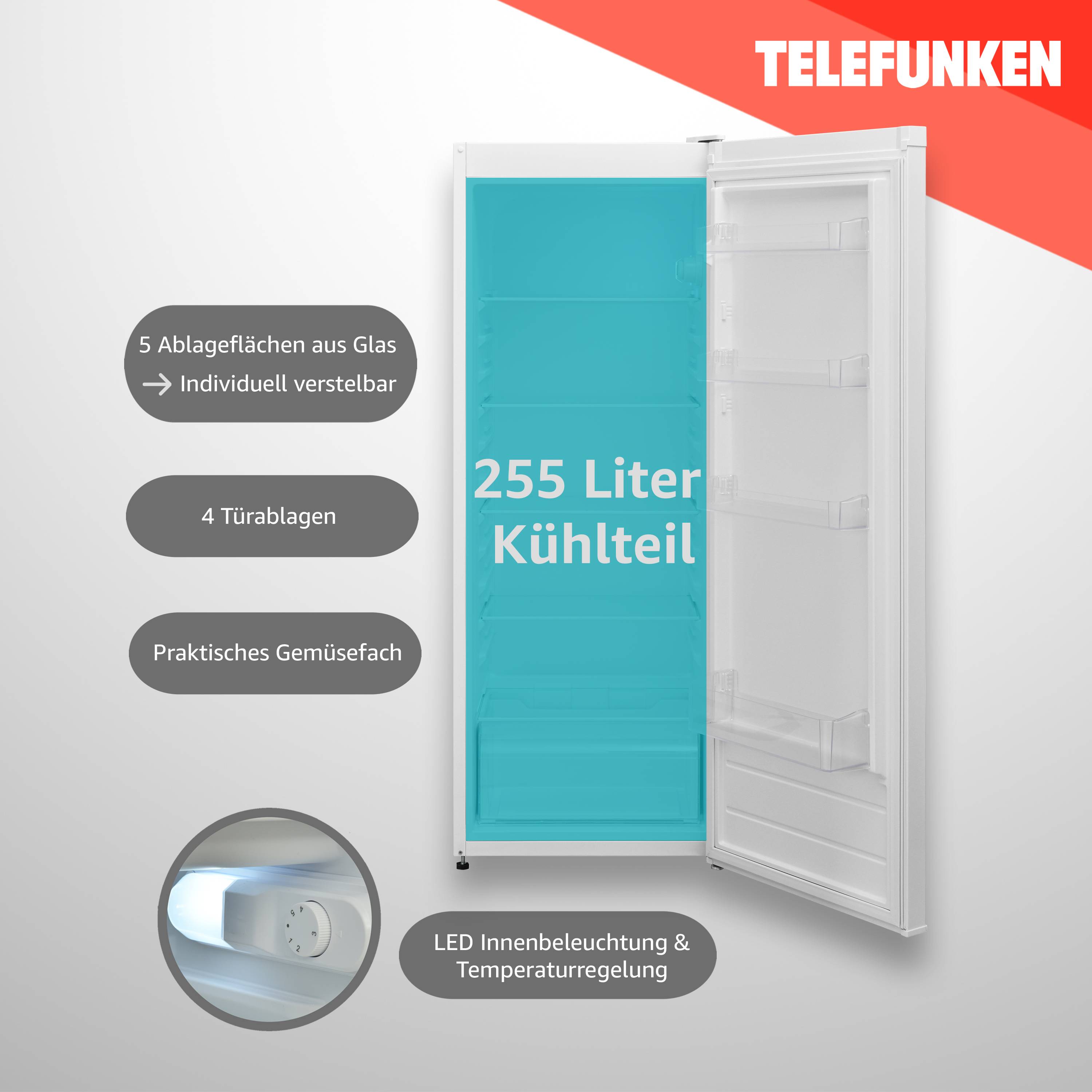 TELEFUNKEN KTFK265E2 Kühlschrank ohne Gefrierfach 255 Liter | Standkühlschrank groß | Vollraumkühlschrank freistehend