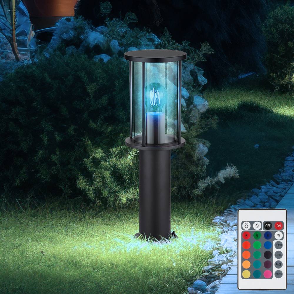 Stehlampe Garten Sockelleuchte Wegeleuchte Außenlampe, Fernbedienung dimmbar Farbwechsler IP54, Glasschirm rauch Edelstahl matt, 1x LED 8,5W 806Lm