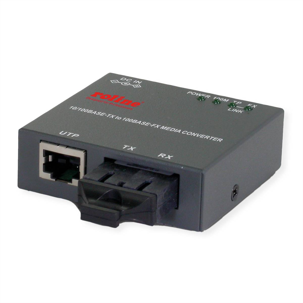 Schwarzer Fasermedienkonverter mit UTP-Ethernet-Port, Faser-TX/RX-Steckplatz und Status-LEDs oben.