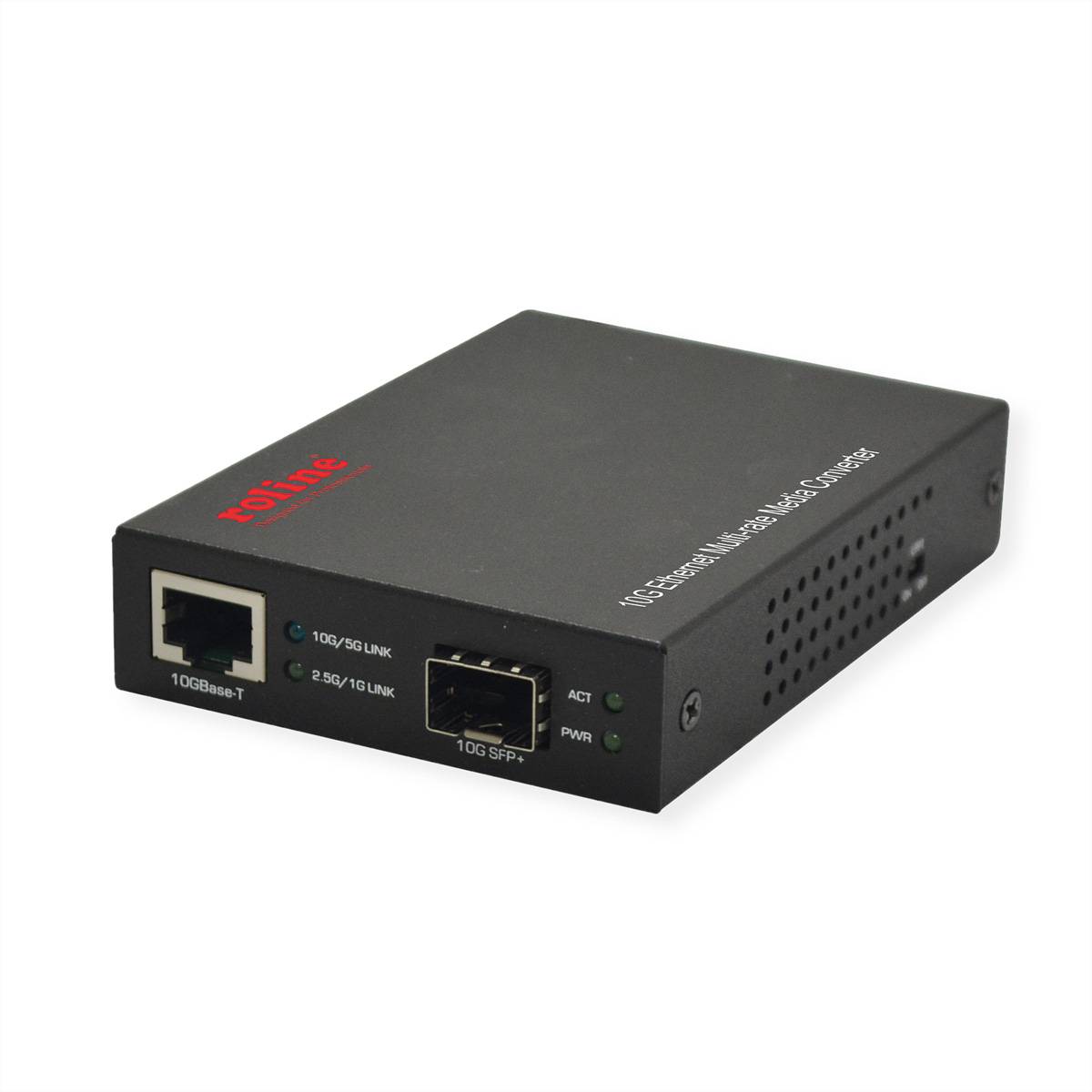 Schwarzer Netzwerk-Medienkonverter mit einem RJ45-Ethernet-Anschluss und einem SFP-Glasfaseranschluss auf der Frontplatte.