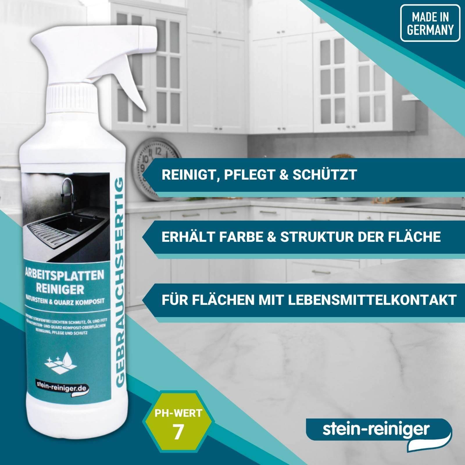 stein-reiniger.de Arbeitsplatten Reiniger Naturstein & Quarz Komposit Set 3-teilig