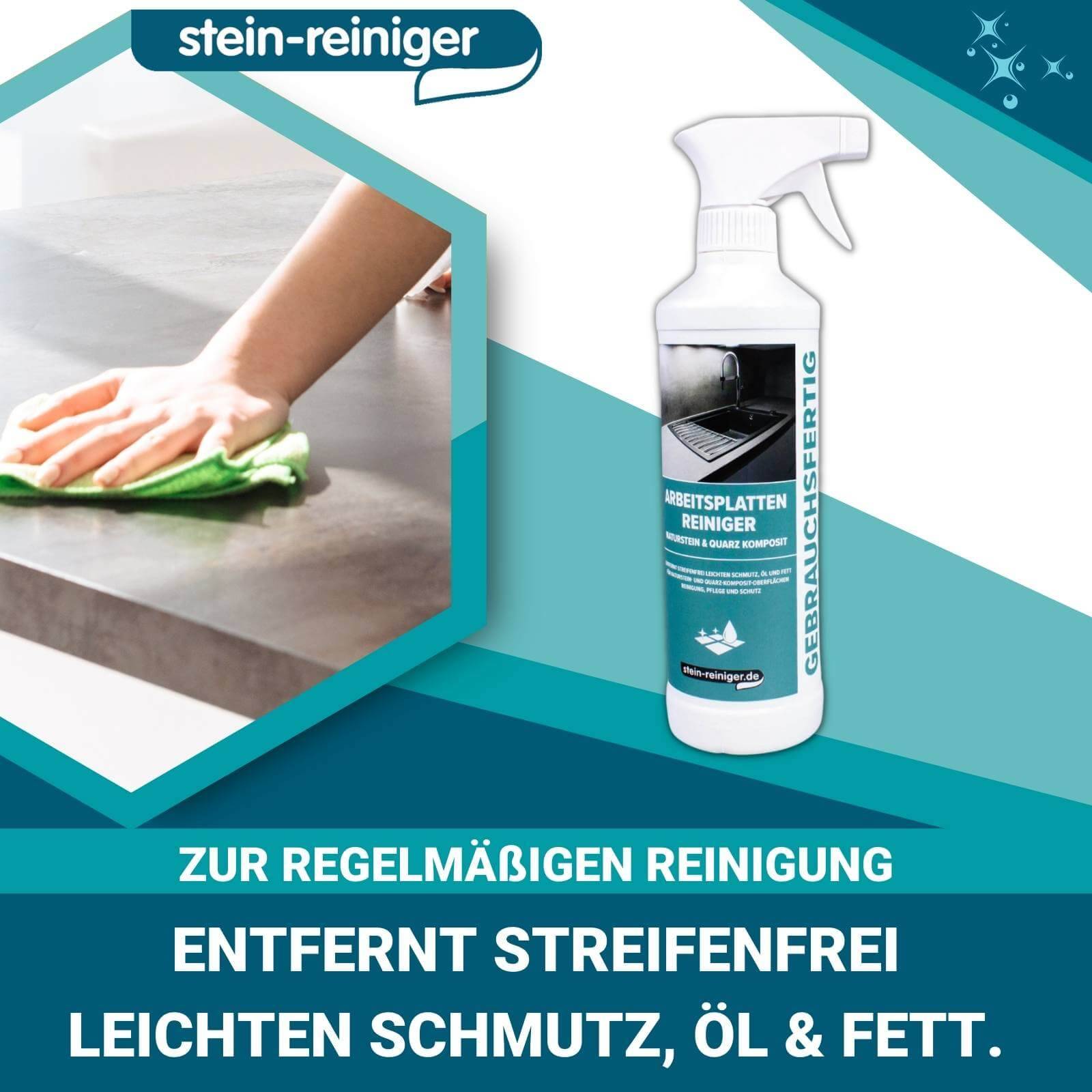 stein-reiniger.de Arbeitsplatten Reiniger Naturstein & Quarz Komposit Set 3-teilig