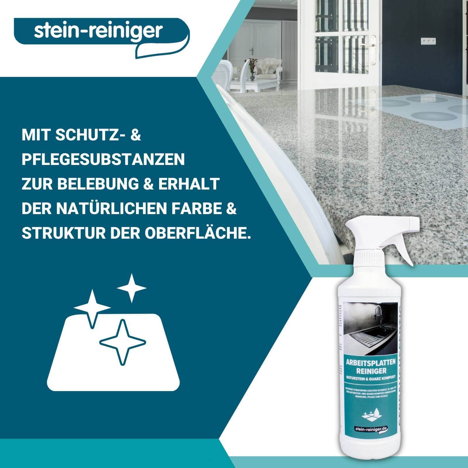 stein-reiniger.de Arbeitsplatten Reiniger Naturstein & Quarz Komposit Set 3-teilig