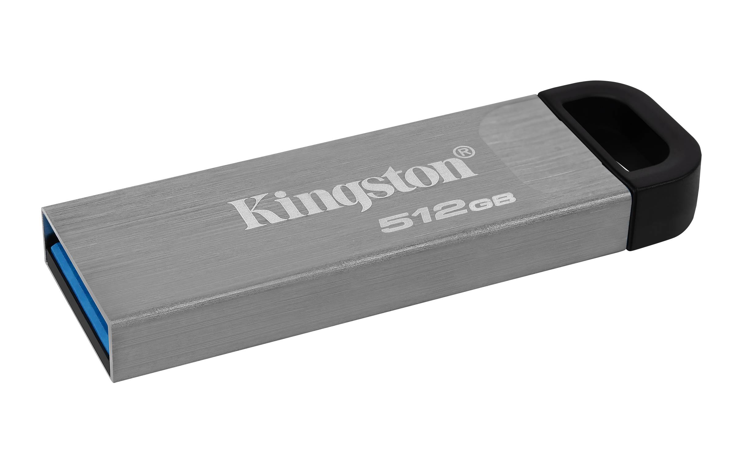 Kingston 512GB USB-Stick mit gebürstetem Metallgehäuse in Silber und schwarzer Kappe.