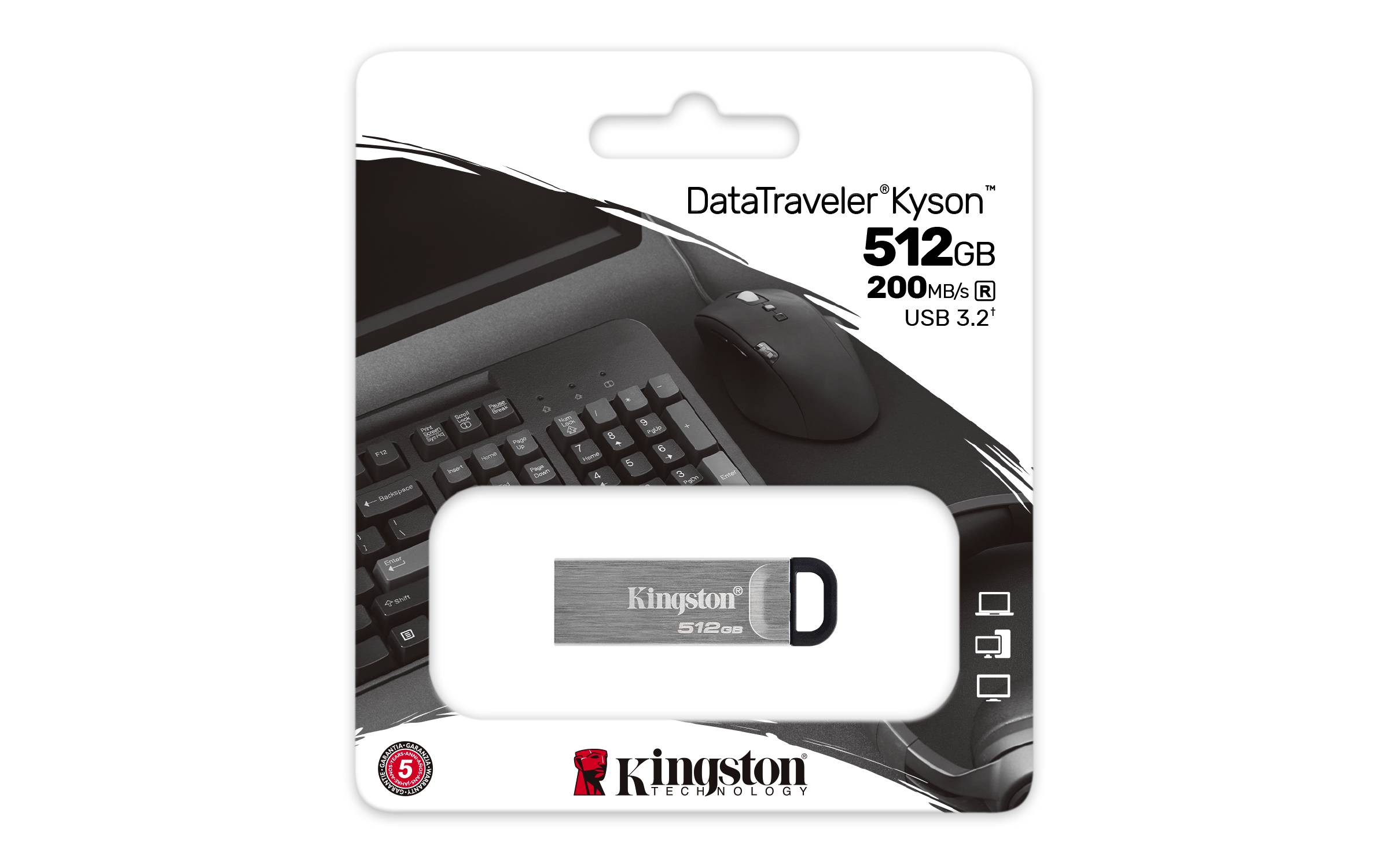Kingston DataTraveler Kyson 512GB USB 3.2 Flash-Laufwerk Verpackung, zeigt das Metall-USB-Laufwerk und das 200MB/s Geschwindigkeitsetikett.