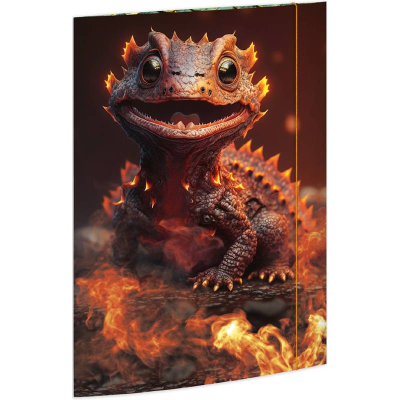 Ein lächelndes, drachenartige Wesen mit einer feurigen, strukturierten Haut sitzt umgeben von Flammen, was auf ein Fantasy- oder mythologisches Thema hindeutet.