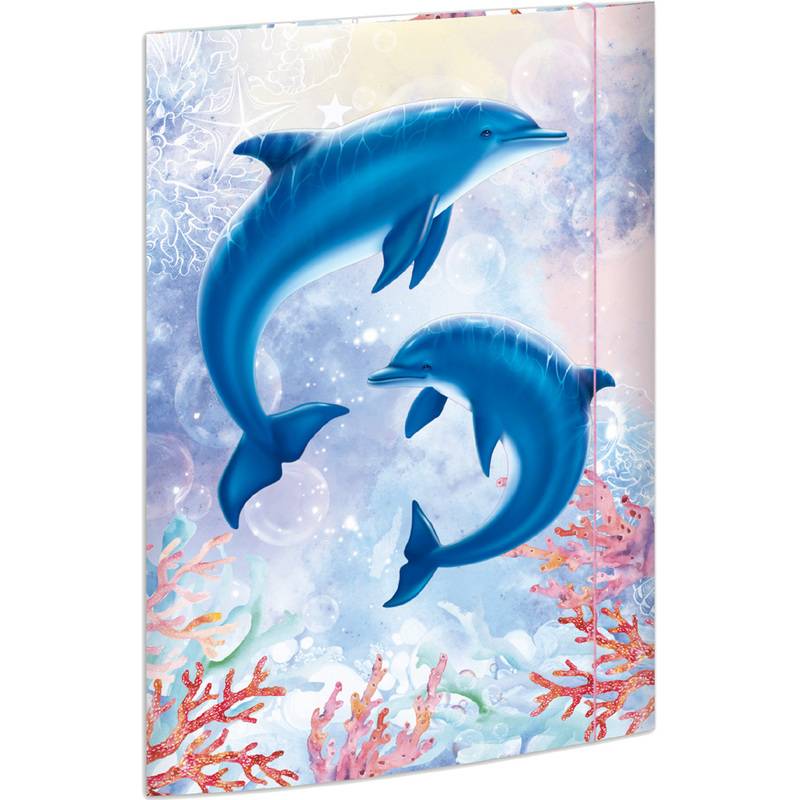 Zwei Delfine, die über einem farbenfrohen Korallenriff schwimmen, vor einem traumhaften, pastellfarbenen Hintergrund aus Blasen und abstrakten Meereselementen.