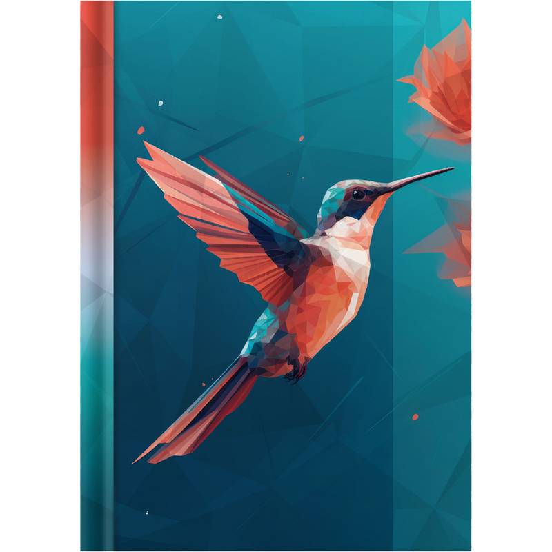 Eine farbenfrohe, geometrische Darstellung eines Kolibris in Flugbewegung mit lebhaften orange-blauen Facetten vor einem Türkishintergrund, in der Nähe einer Blume.