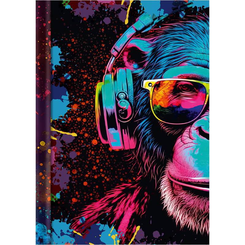 Eine lebendige, farbenfrohe Illustration eines Schimpansen, der Kopfhörer und Sonnenbrille vor einem mit Farbspritzern versehenen Hintergrund trägt.