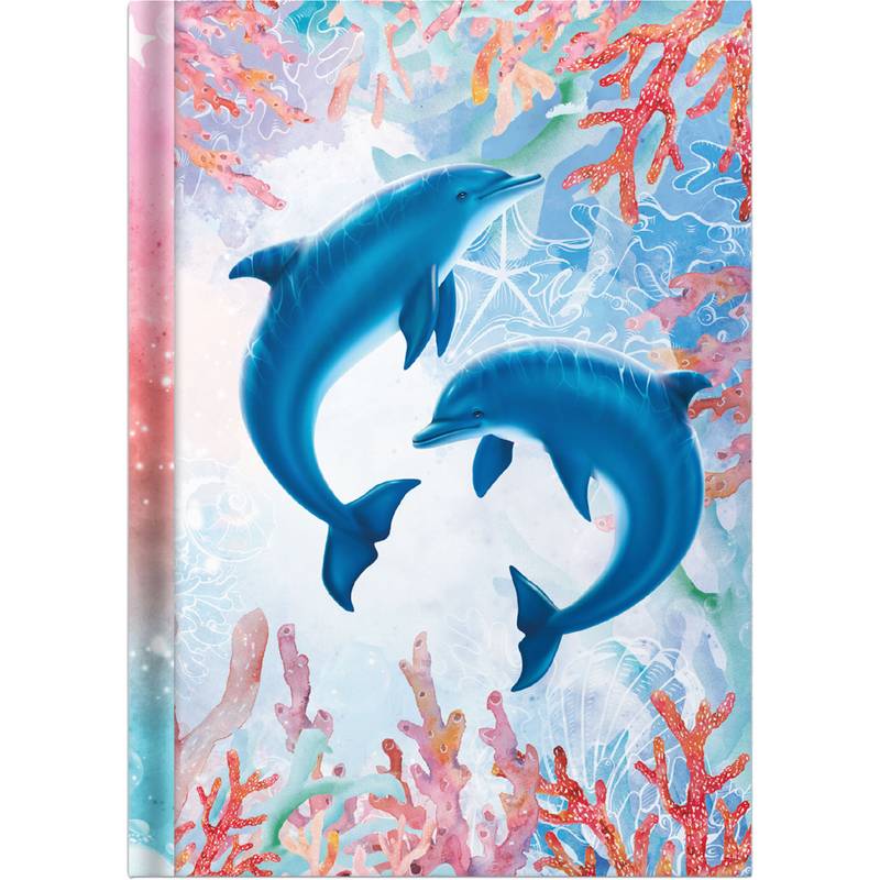 Zwei Delfine schwimmen zwischen bunten Korallenriffen in einer lebendigen Unterwasserszene und betonen die Vielfalt des Meereslebens und die Schönheit des Ozeans.