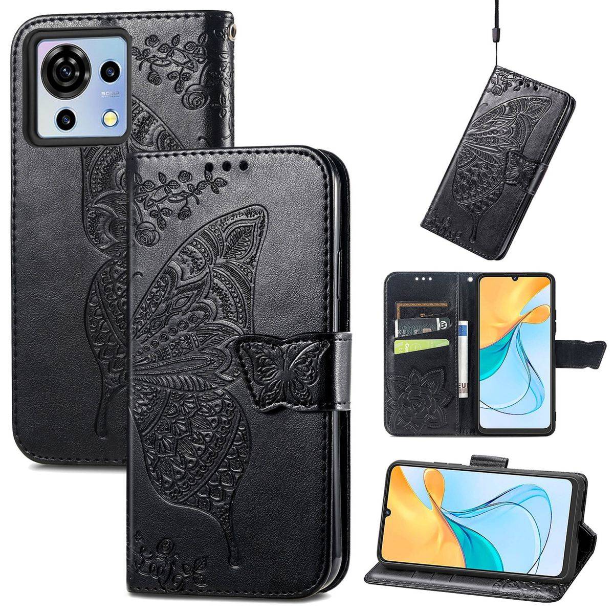 Für ZTE Blade V50 Vita Kunstleder Wallet Handy Tasche Schmetterling Design Schutz Hülle Case Cover Etuis Schwarz