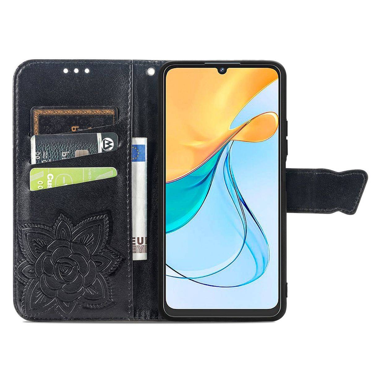 Für ZTE Blade V50 Vita Kunstleder Wallet Handy Tasche Schmetterling Design Schutz Hülle Case Cover Etuis Schwarz