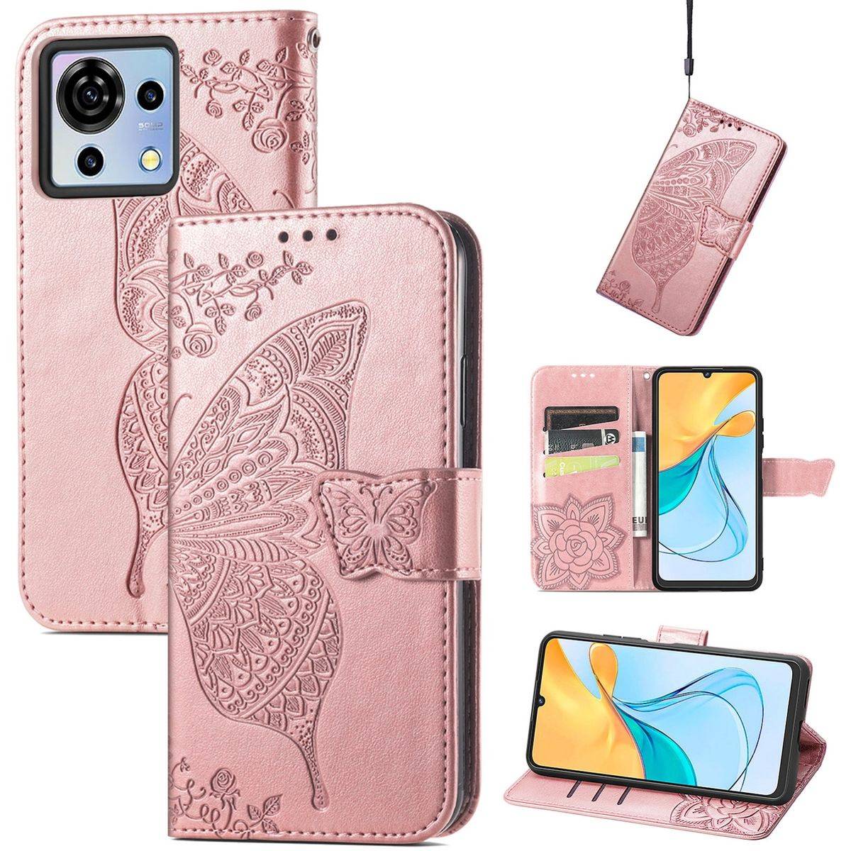 Für ZTE Blade V50 Vita Kunstleder Wallet Handy Tasche Schmetterling Design Schutz Hülle Case Cover Etuis Rosa