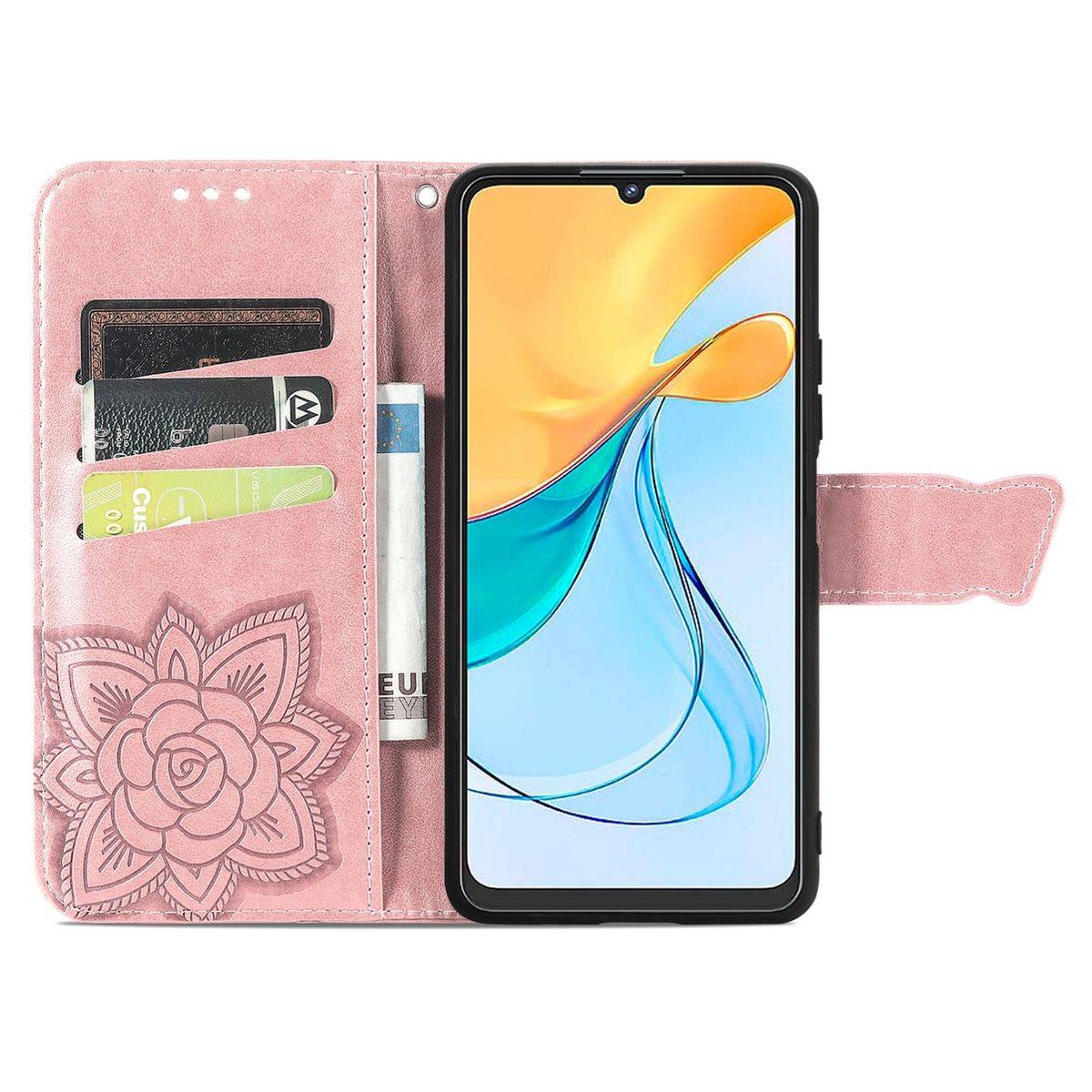 Für ZTE Blade V50 Vita Kunstleder Wallet Handy Tasche Schmetterling Design Schutz Hülle Case Cover Etuis Rosa