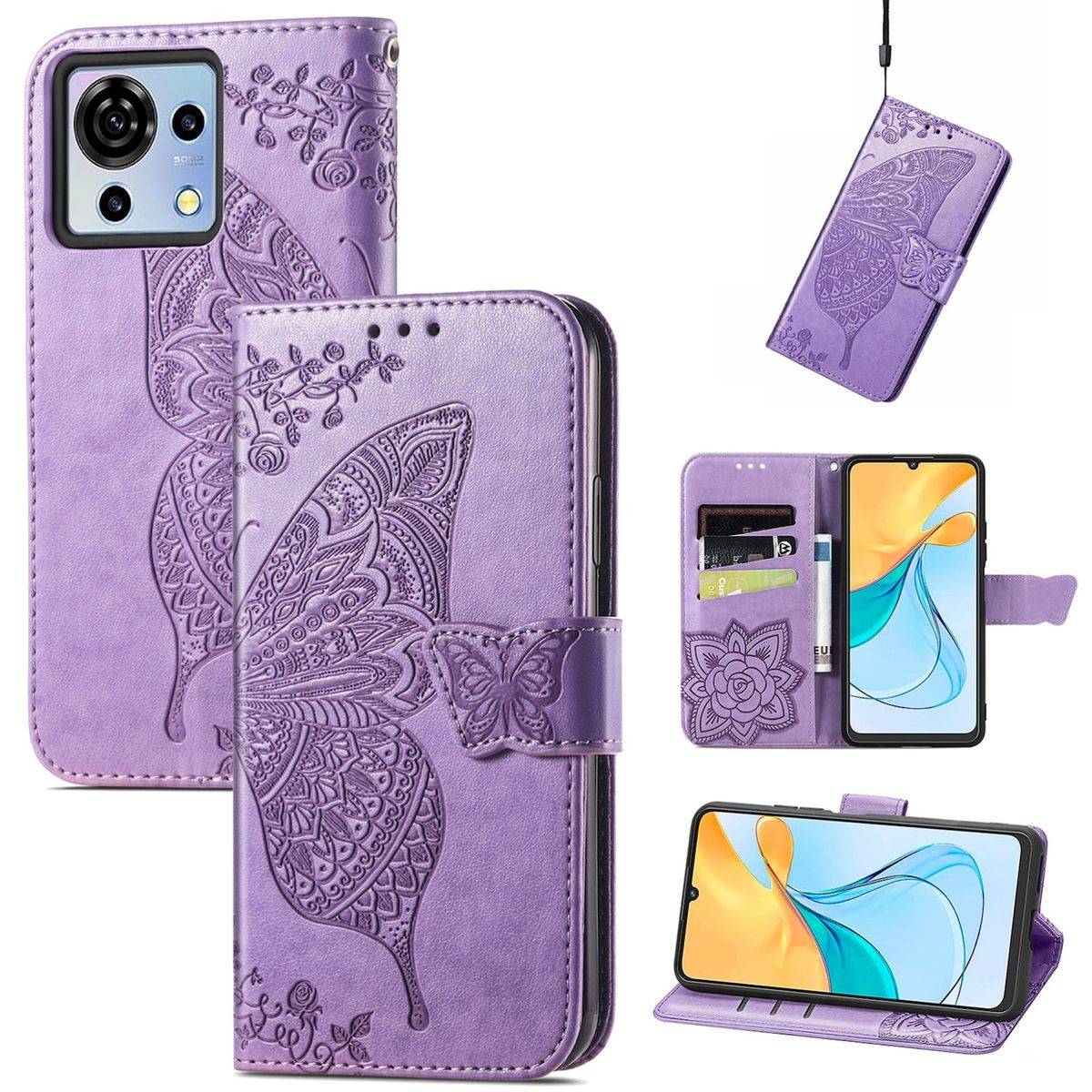 Für ZTE Blade V50 Vita Kunstleder Wallet Handy Tasche Schmetterling Design Schutz Hülle Case Cover Etuis Hell-Lila