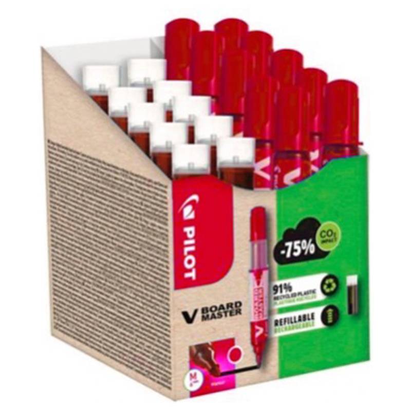 Eine Schachtel rote Pilot V Board Master nachfüllbare Marker, deren Verpackung umweltfreundliche Eigenschaften wie ‚91% recyceltes Plastik' hervorhebt.