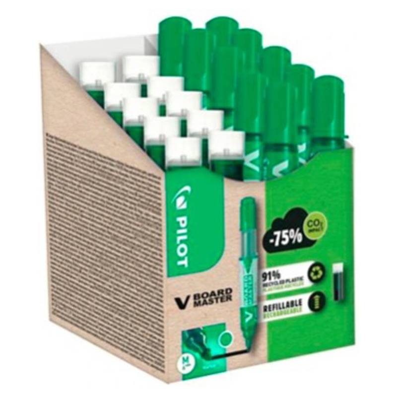 Eine Schachtel mit mehreren grünen 'Pilot V Board Master' nachfüllbaren Markern, mit Betonung der umweltfreundlichen Eigenschaften wie 91% recycelten Kunststoffs.