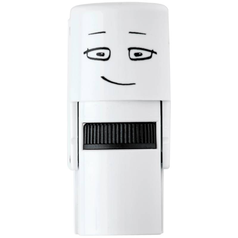 Eine weiße Trillerpfeife mit einem lächelnden Gesicht, das halbgeschlossene Augen, einen kleinen Mund und einen strukturierten Griffbereich im unteren Abschnitt aufweist.