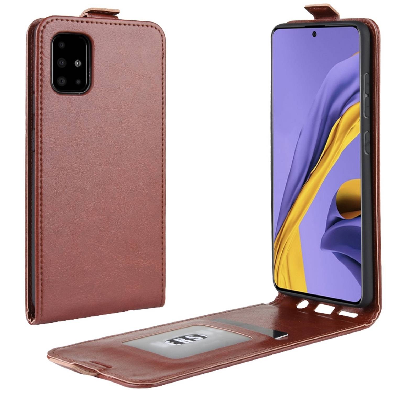 Flip Case Handyhülle für Samsung Galaxy A51 Vertikal Schutzhülle Tasche Cover Braun Bumper Smartphone Kartensteckplatz-Kreditkarte-Geldscheine EC-