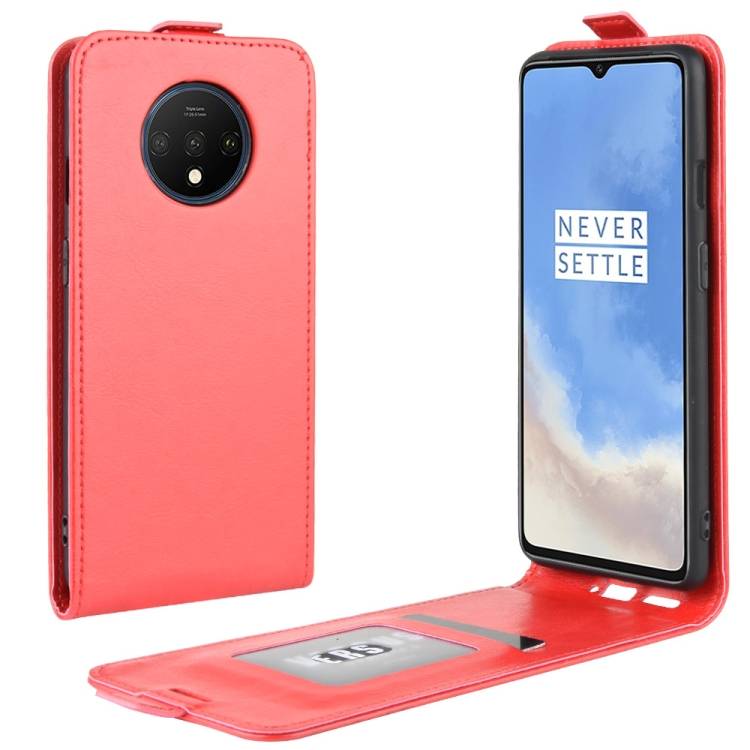 Flip Case Handyhülle für OnePlus 7T Vertikal Schutzhülle Tasche Cover Rot Bumper Smartphone Kartensteckplatz-Kreditkarte-Geldscheine EC-Karte Bank-