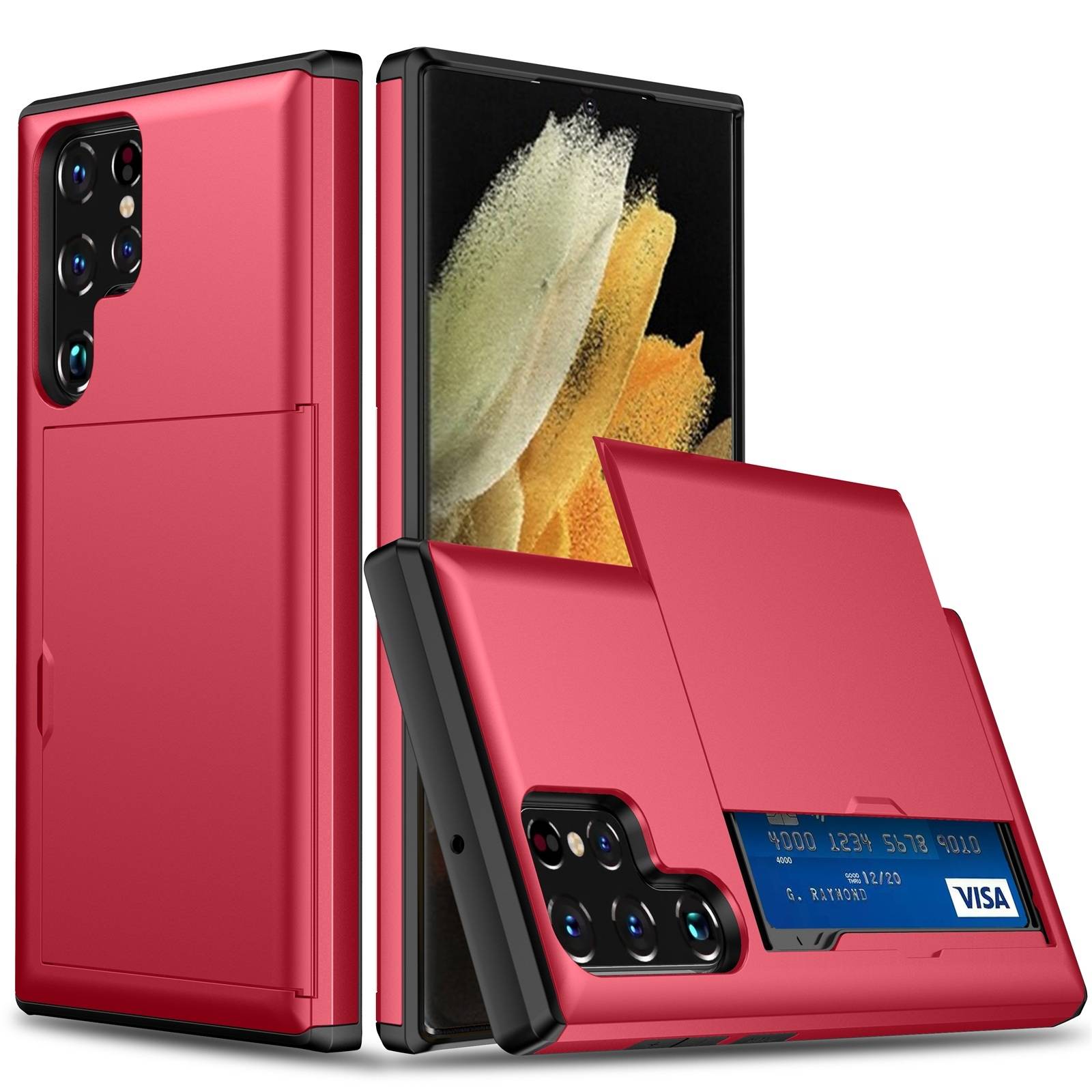 Schutzhülle für Samsung Galaxy S22 Ultra Rot Handyhülle Schutztasche Case Cover Tasche Transparent Smartphone Bumper (Kartensteckplatz-Kreditkarte-