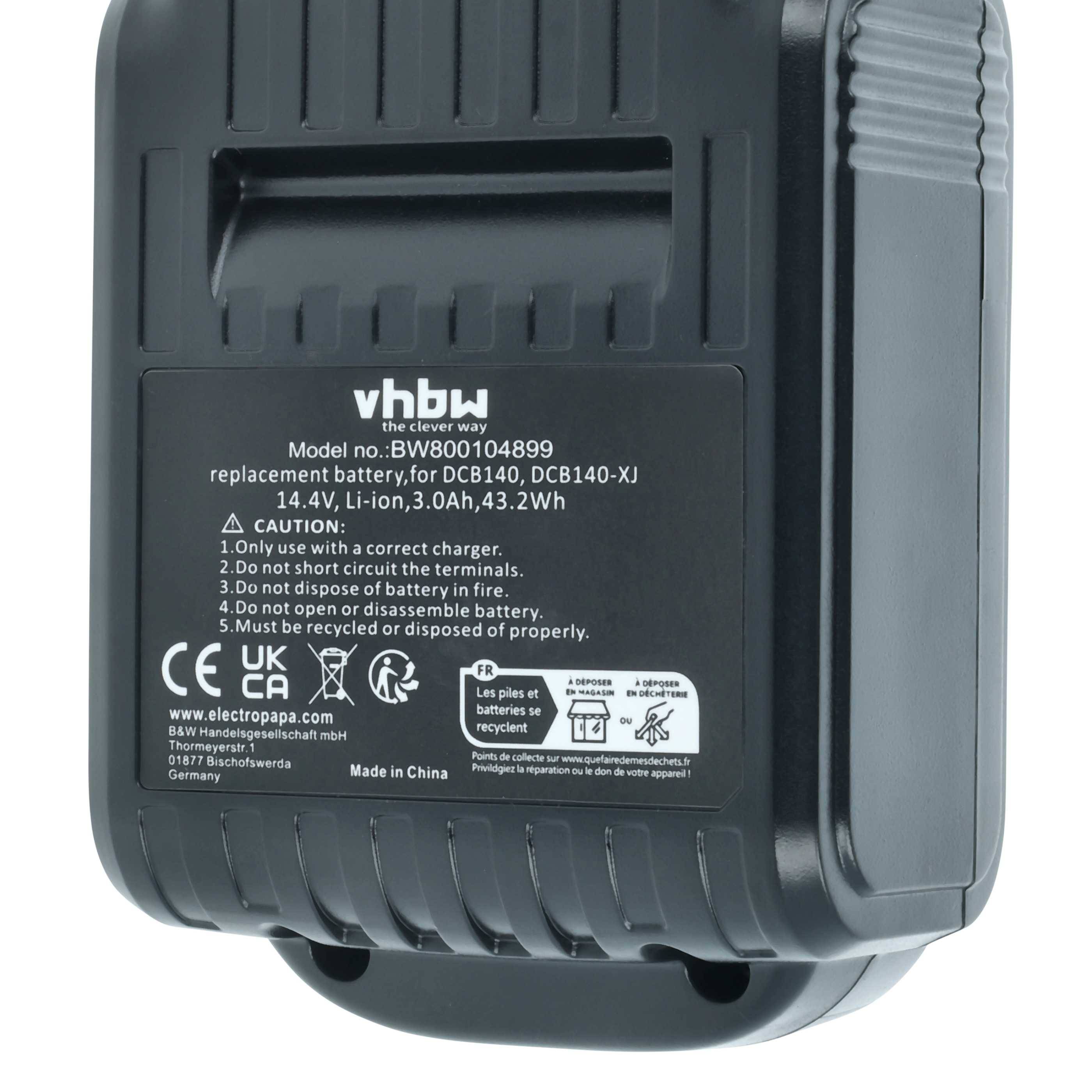 Ein schwarzer Akkupack mit 'vhbw' Logo. Es ist ein 14,4V Ersatzakku für DCB180-, DCB140-XJ-Modelle. Sicherheitswarnhinweise sind aufgeführt.