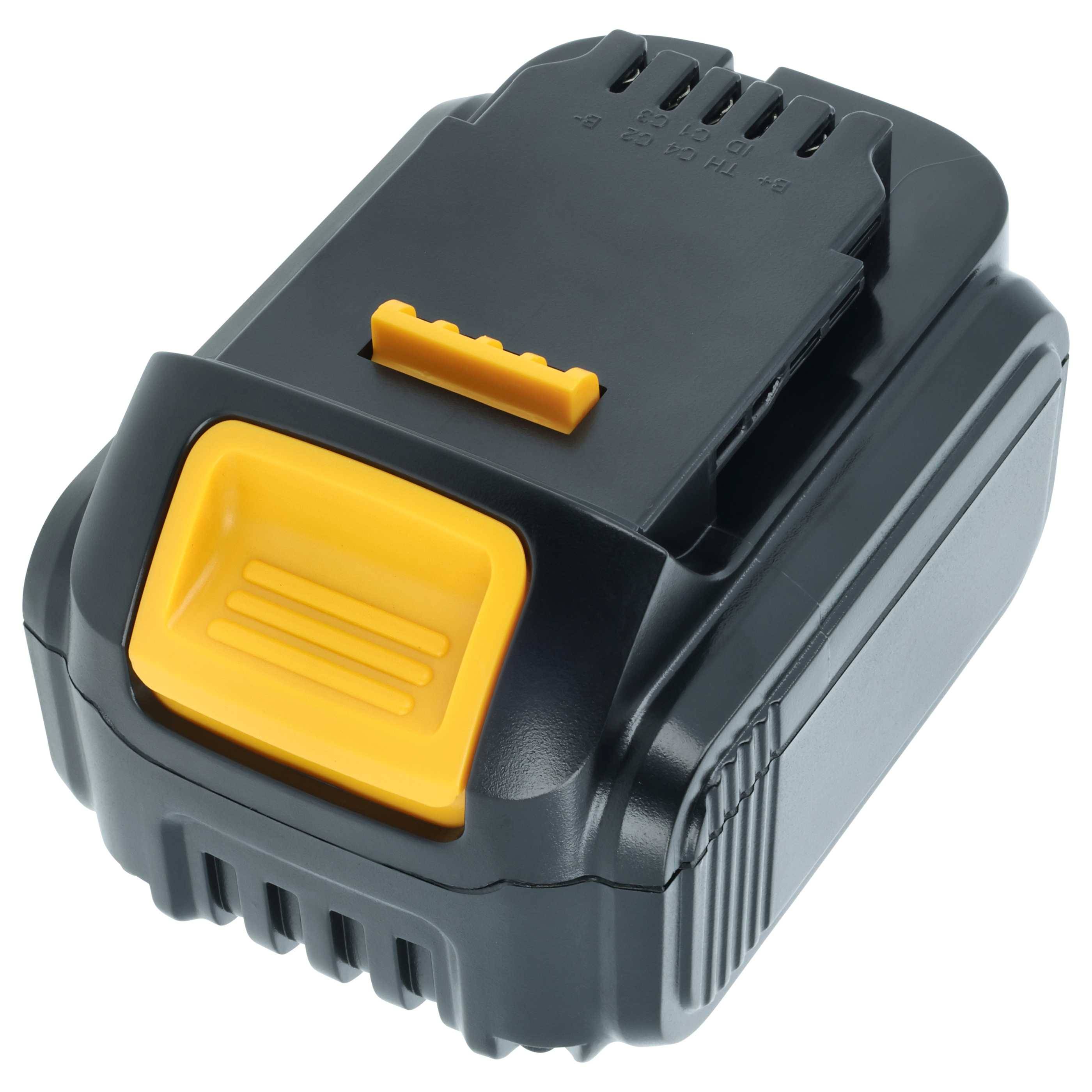 Ein schwarzer, aufladbarer Akkupack mit einem gelben Entriegelungsclip, versehen mit elektrischen Kontakten auf der Oberseite für die Verbindung mit einem kompatiblen Gerät.