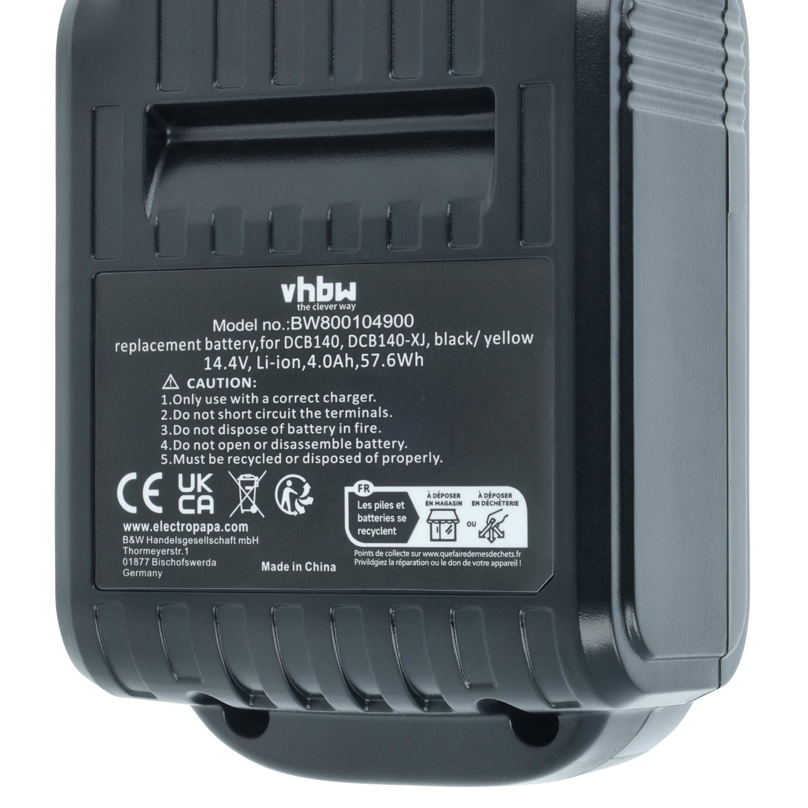 Ein schwarzes Akkupack mit der Aufschrift 'vhbw' für Elektrowerkzeuge, Modellnummer VBW800104900, 14,4V, 4,0Ah, Lithium-Ionen. Hergestellt in China.