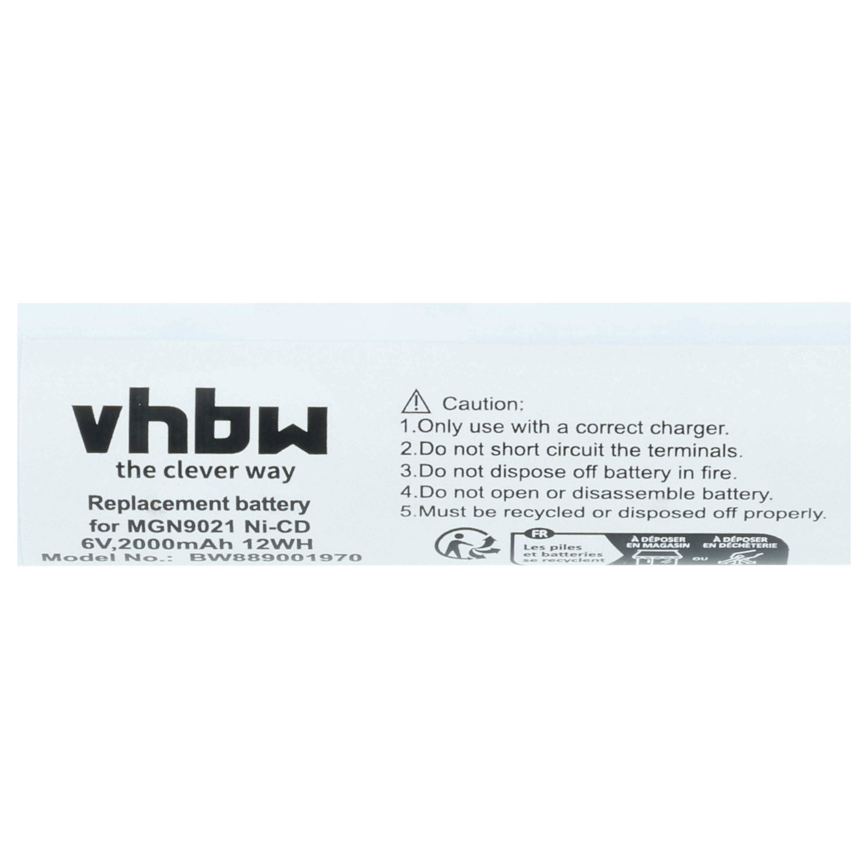 Etikett auf einem Ersatzakku für MGN9021 Ni-CD 2600mAh zeigt „vhbw the clever way