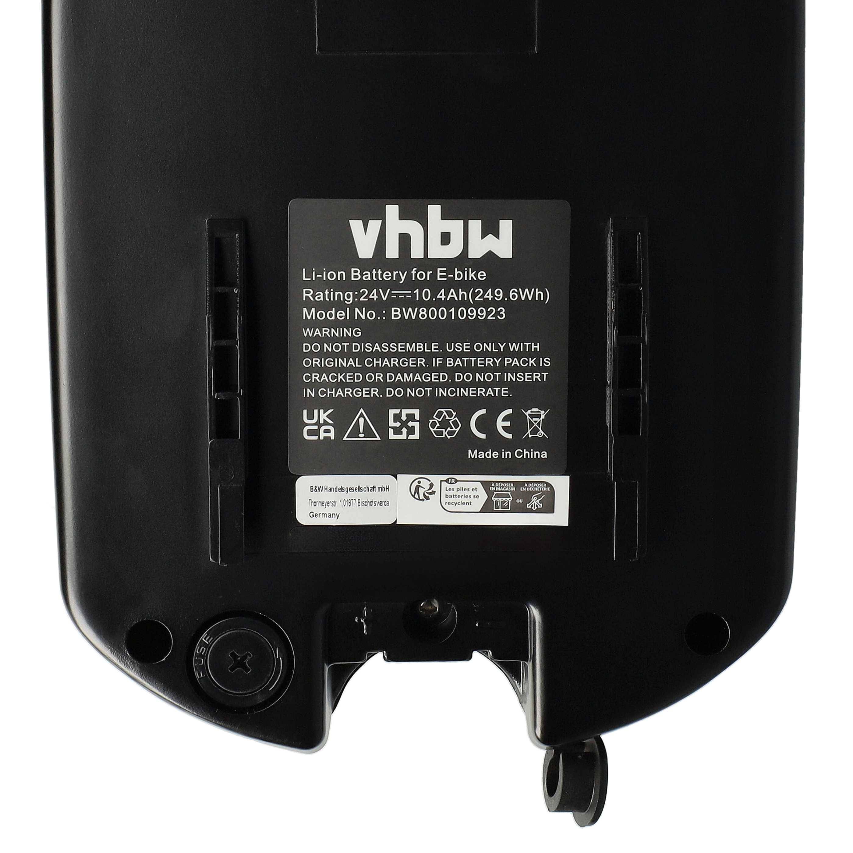 vhbw Sattelrohrakku inkl. Ladegerät kompatibel mit E-Bikes 10,4 Ah | mit 24V-Frosch-Akku (24 V, Li-Ion) + Halterung