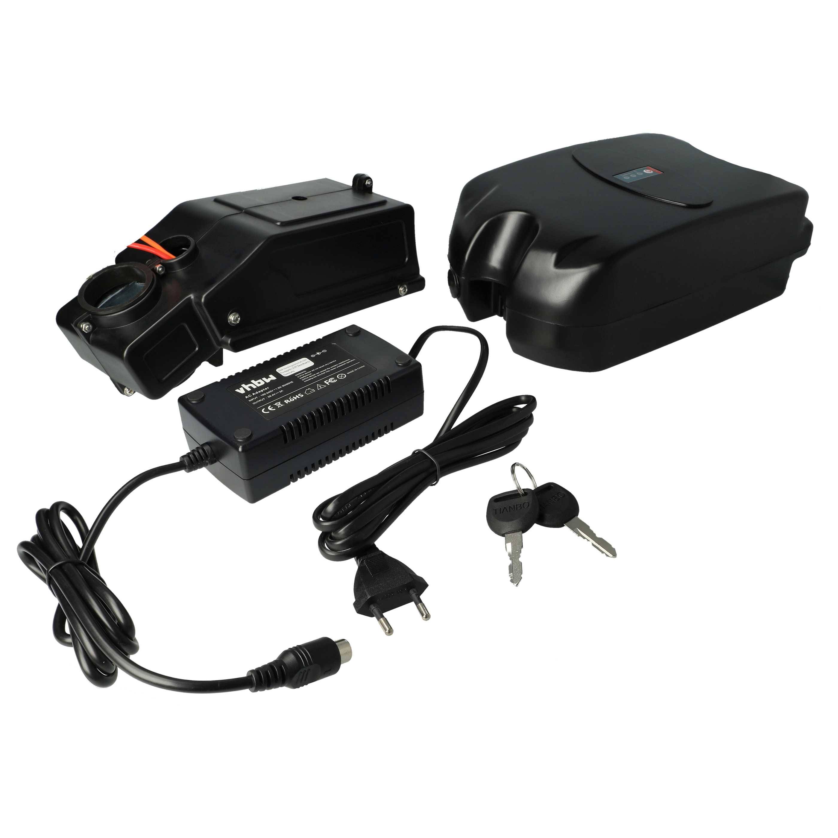vhbw Sattelrohrakku inkl. Ladegerät kompatibel mit E-Bikes 10,4 Ah | mit 24V-Frosch-Akku (24 V, Li-Ion) + Halterung