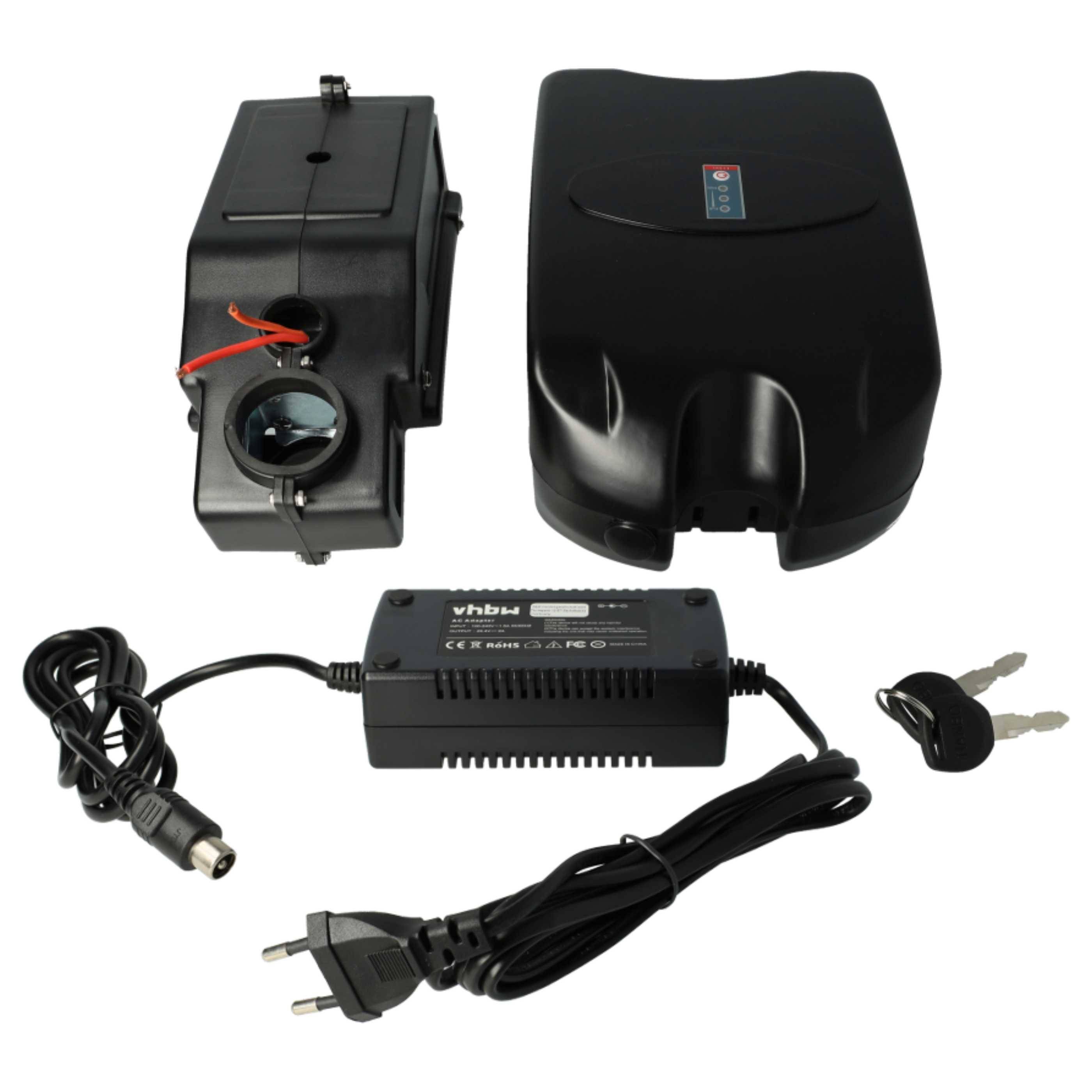 vhbw Sattelrohrakku inkl. Ladegerät kompatibel mit E-Bikes 9 Ah | mit 24V-Frosch-Akku (24 V, Li-Ion) + Halterung