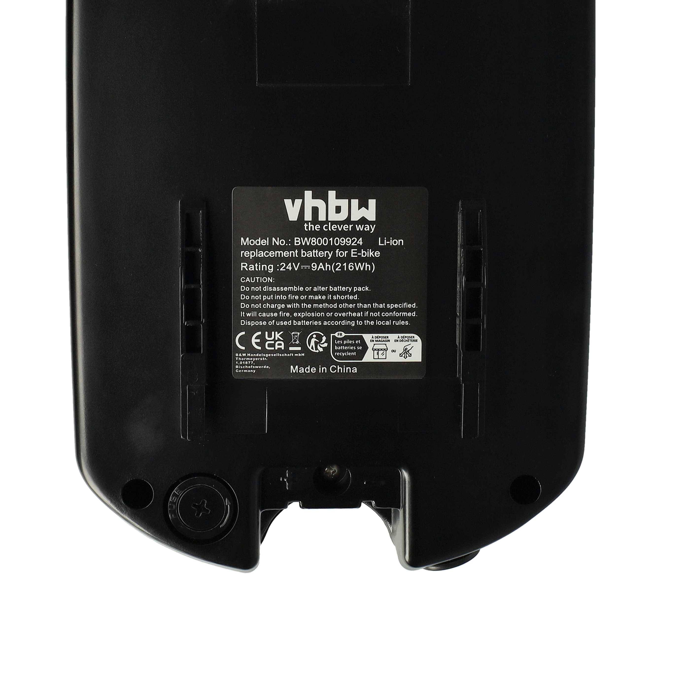 vhbw Sattelrohrakku inkl. Ladegerät kompatibel mit E-Bikes 9 Ah | mit 24V-Frosch-Akku (24 V, Li-Ion) + Halterung