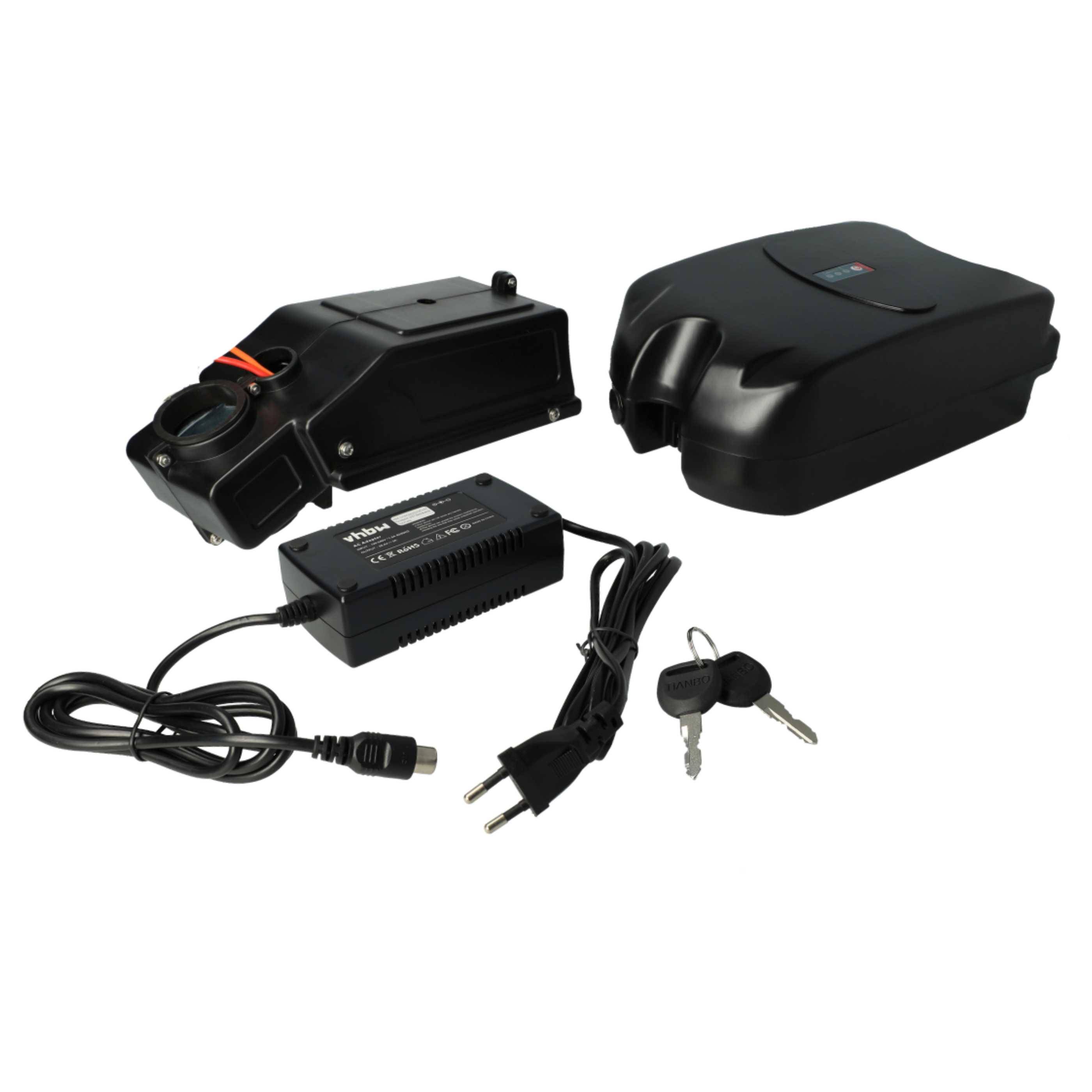 vhbw Sattelrohrakku inkl. Ladegerät kompatibel mit E-Bikes 9 Ah | mit 24V-Frosch-Akku (24 V, Li-Ion) + Halterung
