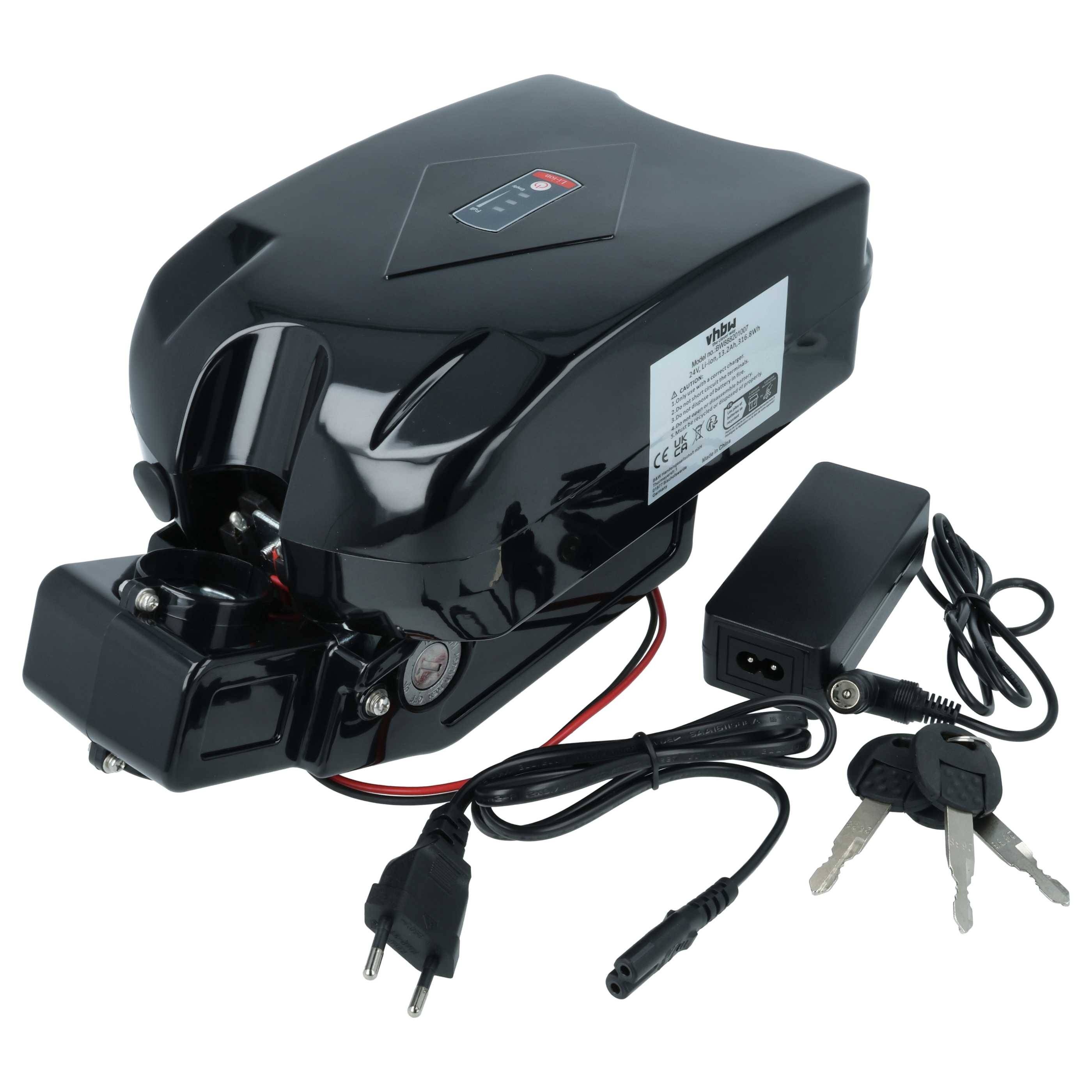 vhbw Sattelrohrakku im Frosch-Design + Halterung inkl. Ladegerät kompatibel mit diversen E-Bikes (Lidl) mit 24V-Frosch-Akku (13,2 Ah, 24 V, Li-Ion)