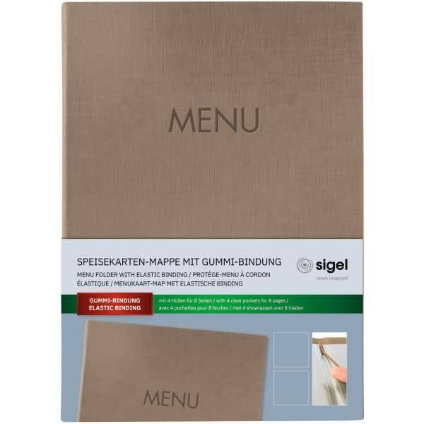 Speisekarten-Mappe Gummi-Bindung Blindprägung MENU A4 beige