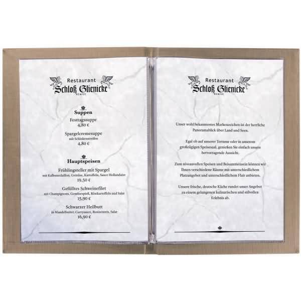 Speisekarten-Mappe Gummi-Bindung Blindprägung MENU A4 beige