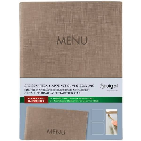 Speisekarten-Mappe Gummi-Bindung Blindprägung MENU A5 beige