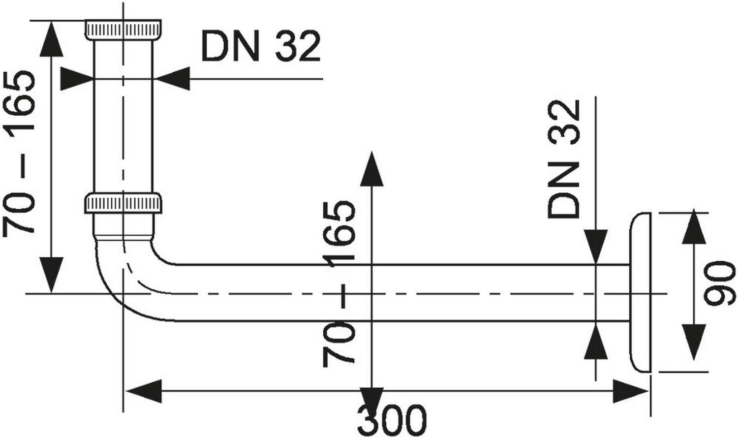 Technisches Rohranschlussdiagramm einer DN 32 Bogenkrümmer-Baugruppe mit Maßpfeilen: 300 mm Länge, 90 mm Enddurchmesser und 70-165 mm sowie 165 mm vertikale Abmessungen.