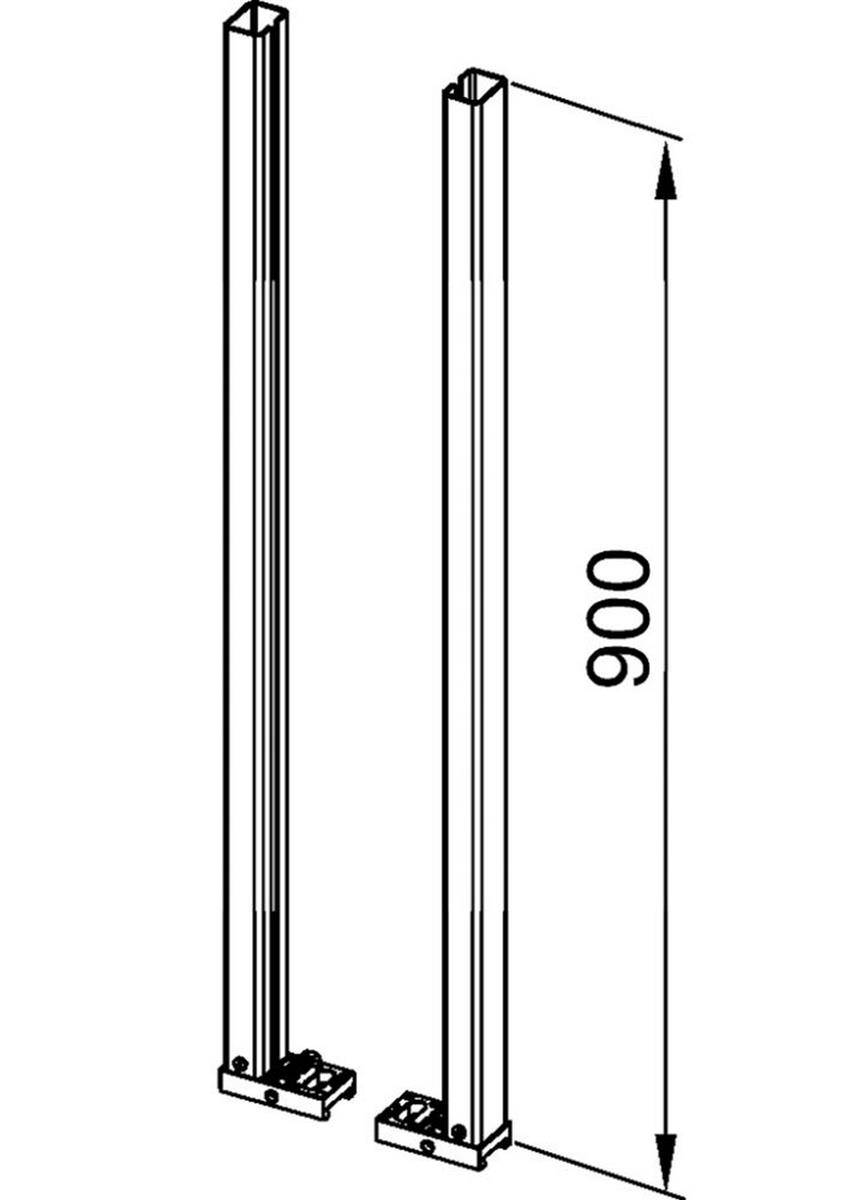 Zwei vertikale Metallpfosten mit Basen, dargestellt als ein bemaßtes Diagramm mit einer Höhe von 900.