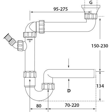 Technisches Schaltschema von Rohrleitungen mit beschrifteten Abmessungen G und D, das einstellbare Längen von 95-275, 150-230, 134, 80 und 70-220 mm zeigt.