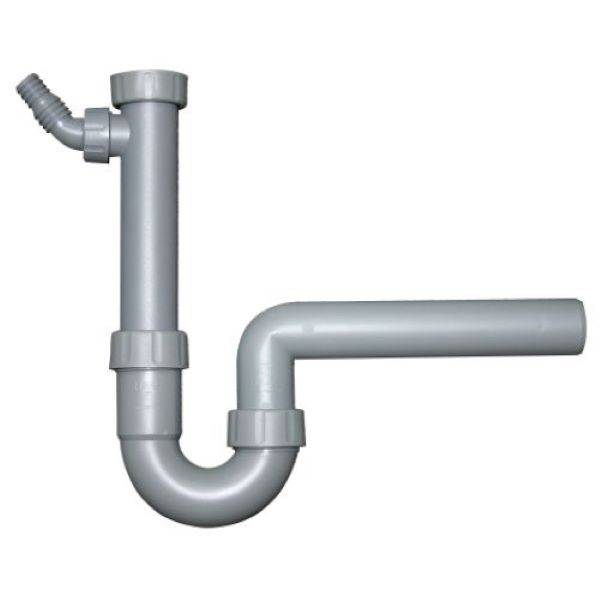 Silberne Kunststoff-Abflussrohr-Siphon mit Seitenschlauchanschluss auf weißem Hintergrund.