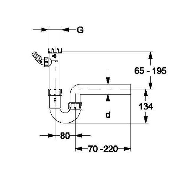 Technisches Sanitärschema eines P-Siphons und Abflussrohrs mit einstellbaren Abmessungen beschriftet G, d, 65-195, 134, 80 und 70-220.